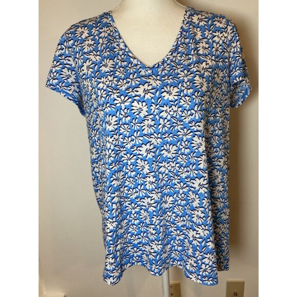 Lilly Pulitzer Etta V Neck Shirt Top Short Sleeve Blue Cream Floral Large L - Picture 1 of 5